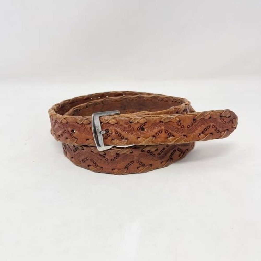 VTG Hand Tooled Leather Belt Wms 34 Brown Silver Buckle Made in Mexico Western